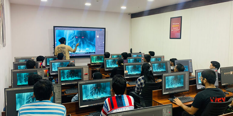 Students watching a shot breakdown on the studio floor at The VFX Institute
