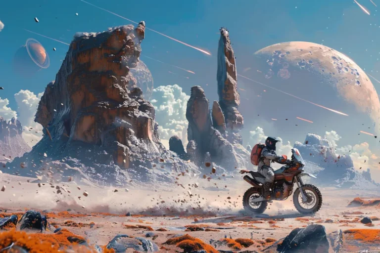 Concept art of a rider crossing an alien landscape