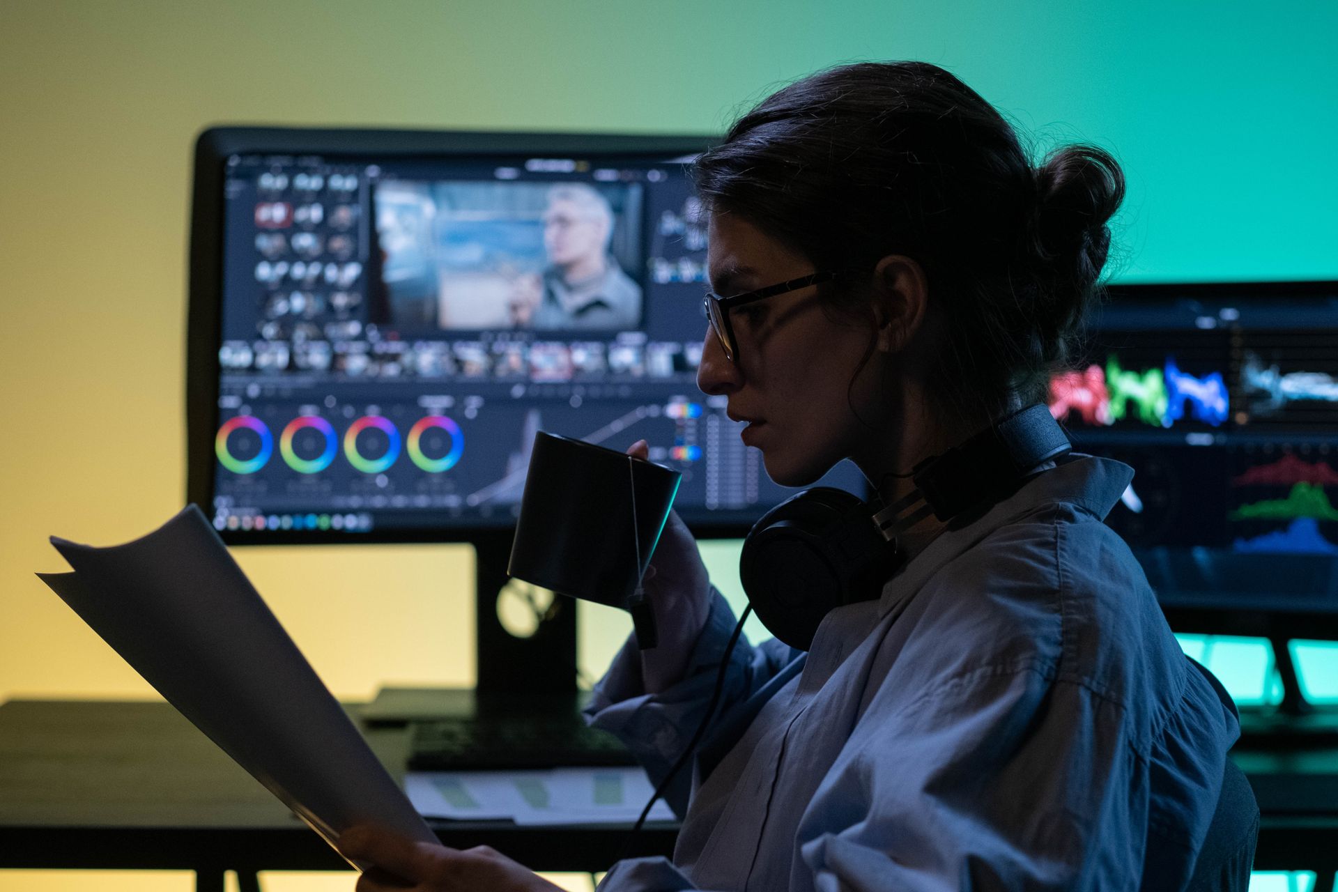 Video editor colour grading footage in a professional editing suite